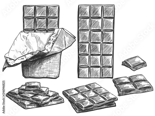 Hand drawn chocolate bar ink line art set, black and white draft sketch isolated on white background. Vintage vector food clip art illustration.