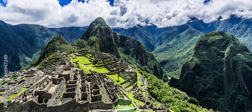 Panorama of Machu Picchu in the green mountains