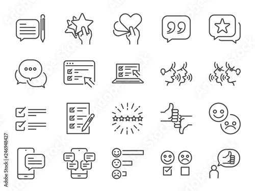 Reviews line icon set. Included icons as review score, feedback, testimonial, comment, survey and more.