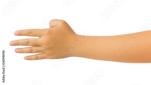 Human hand in reach out one's hand and counting number four fingers gesture isolate on white background with clipping path, High resolution and low contrast for retouch or graphic design