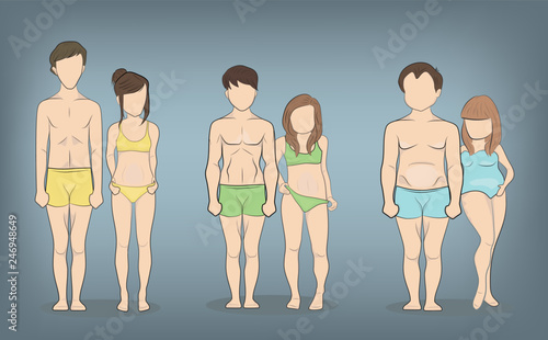 Male and female body types: Ectomorph, Mesomorph and Endomorph. Skinny, muscular and fat bodytypes. Fitness and health illustration.
