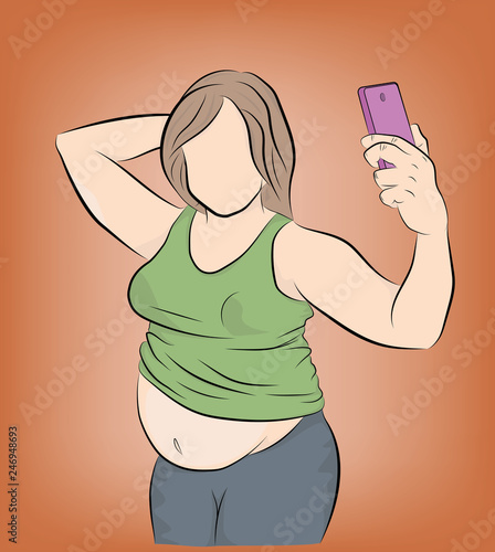 fat woman posing on the phone (selfie). overweight. the problem of obesity. losing weight. vector illustration.