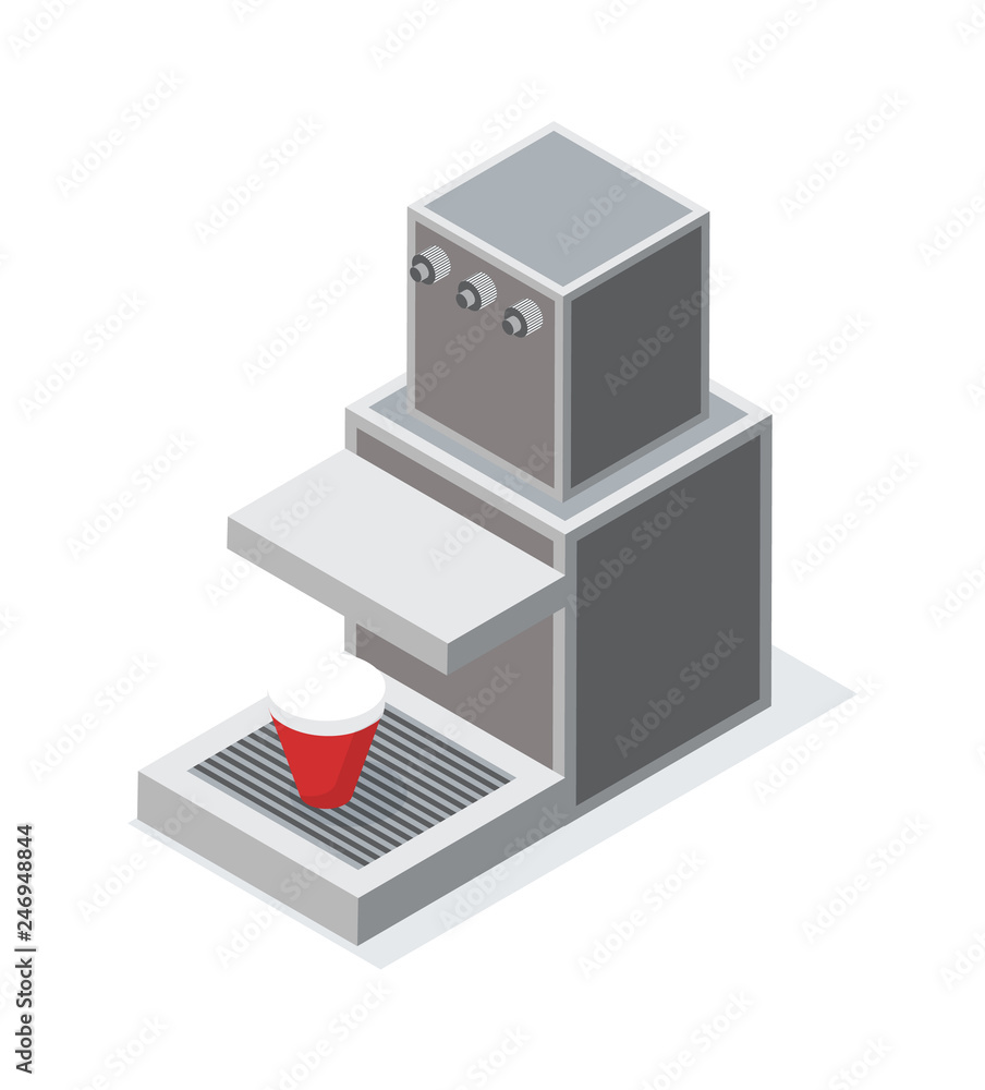Coffee machine with red cup vector illustration in flat style. Java maker with paper drink, home grey appliances doing hot potables isolated on white Coffee machine with red cup vector illustration in flat style. Java maker with paper drink, home grey appliances doing hot potables isolated on white