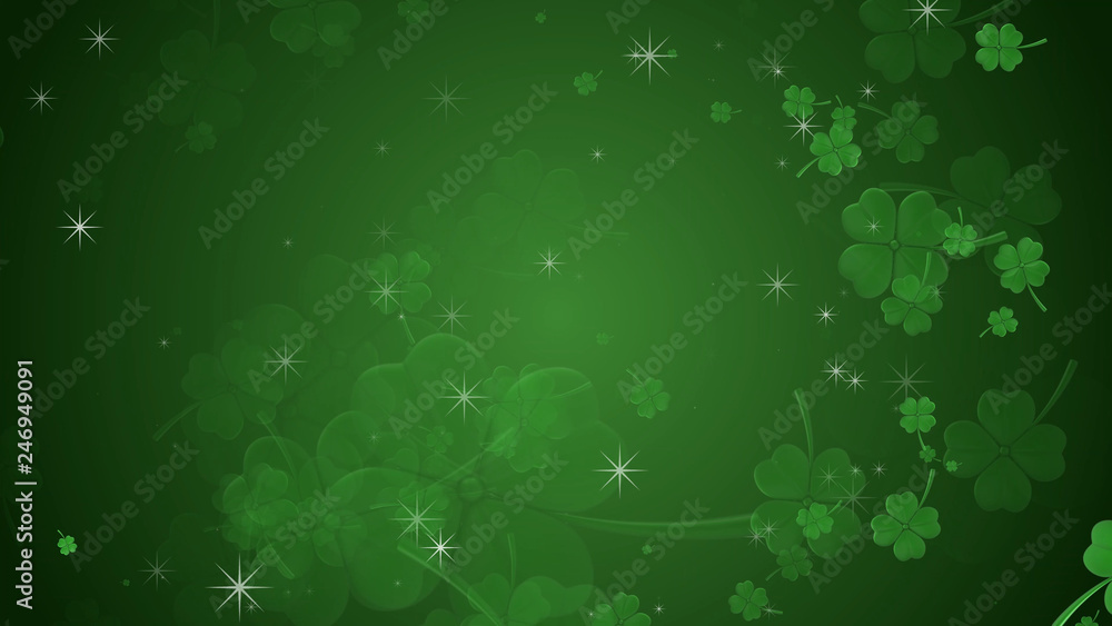 St Patrick's day illustration, clover leafs rotating on the green background with sparkles St Patrick's day illustration, clover leafs rotating on the green background with sparkles