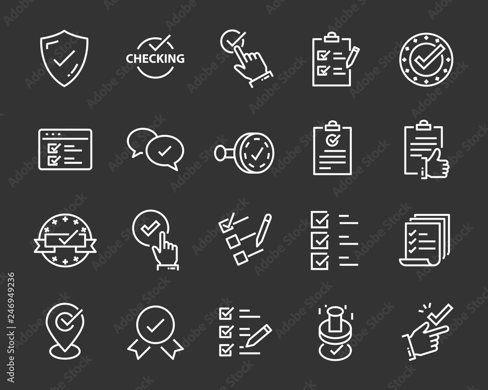 set of checkmark vector line icons, contains such as check, document and more set of checkmark vector line icons, contains such as check, document and more