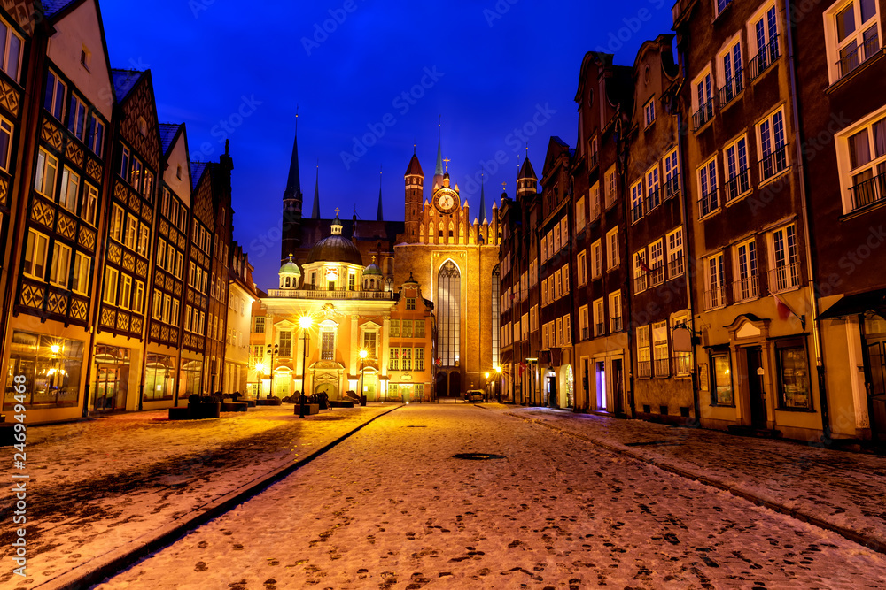 St Mary's Church and Royal Chapel of Gdansk, night winter view, Christmas time, Poland