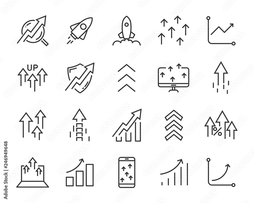 set of rising icons, such as test, boost, up, rise, increase, fast