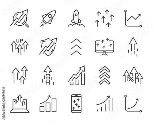 set of rising icons, such as test, boost, up, rise, increase, fast photo