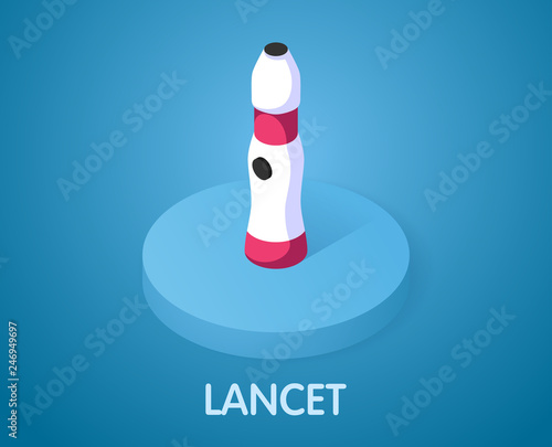 Measurement sugar level. Lancet isometric icon. Blood glucose meter vector illustration.  Indicator strip sign. Diabetes test 3d concept.