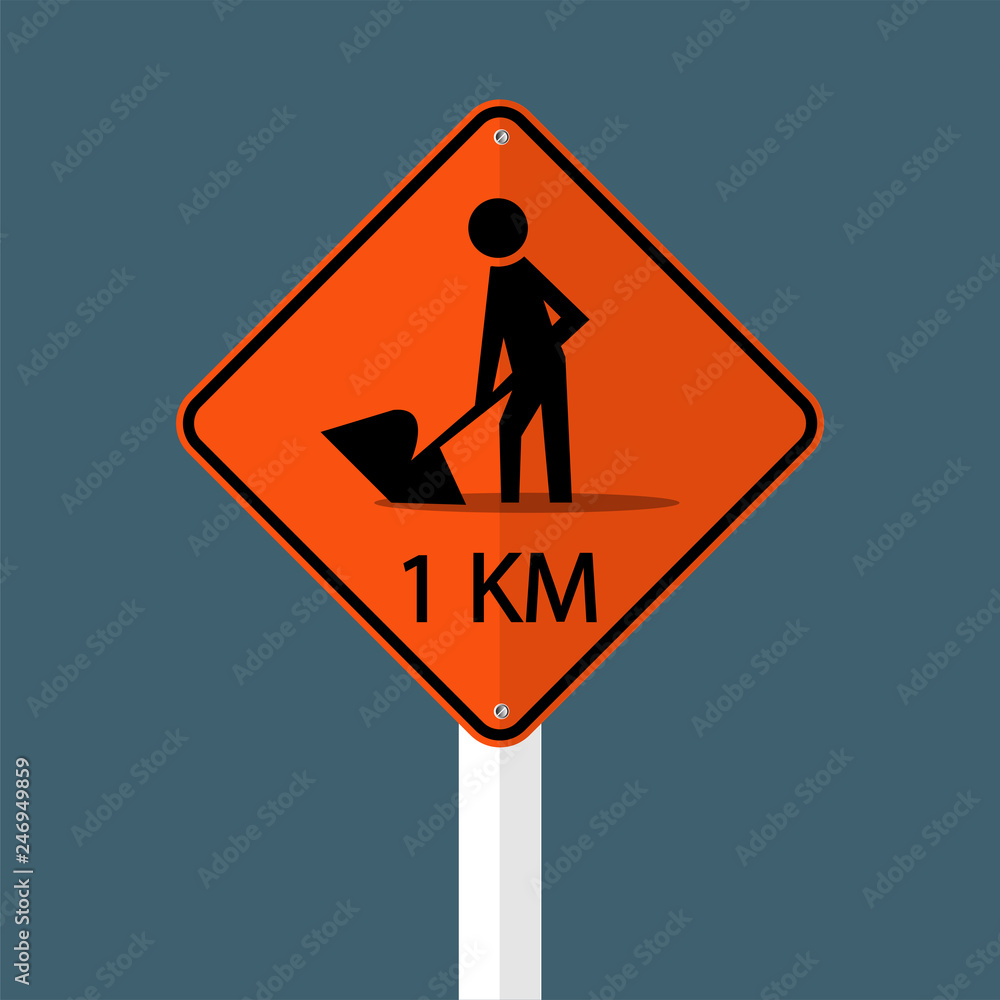 road construction ahead 1km.Sign isolated on grey sky background.Vector illustration road construction ahead 1km.Sign isolated on grey sky background.Vector illustration