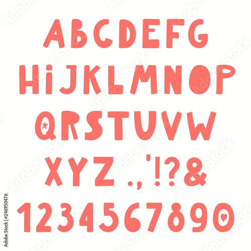 Hand drawn Latin alphabet with numbers, punctuation marks. Upper case letters. Make your own lettering. Isolated objects on white background. Vector illustration. Design concept for typographic poster