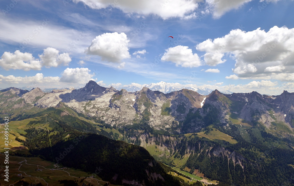 Fototapeta premium Airshop while paragliding in French Alps with a view on Aravis Range and Mont Blanc