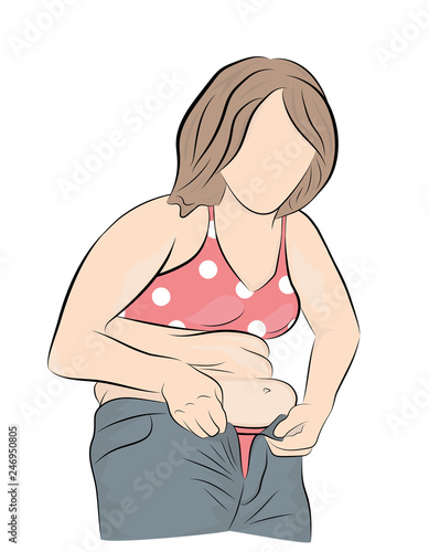 fat woman trying to fasten her pants. weight loss concept. vector illustration.