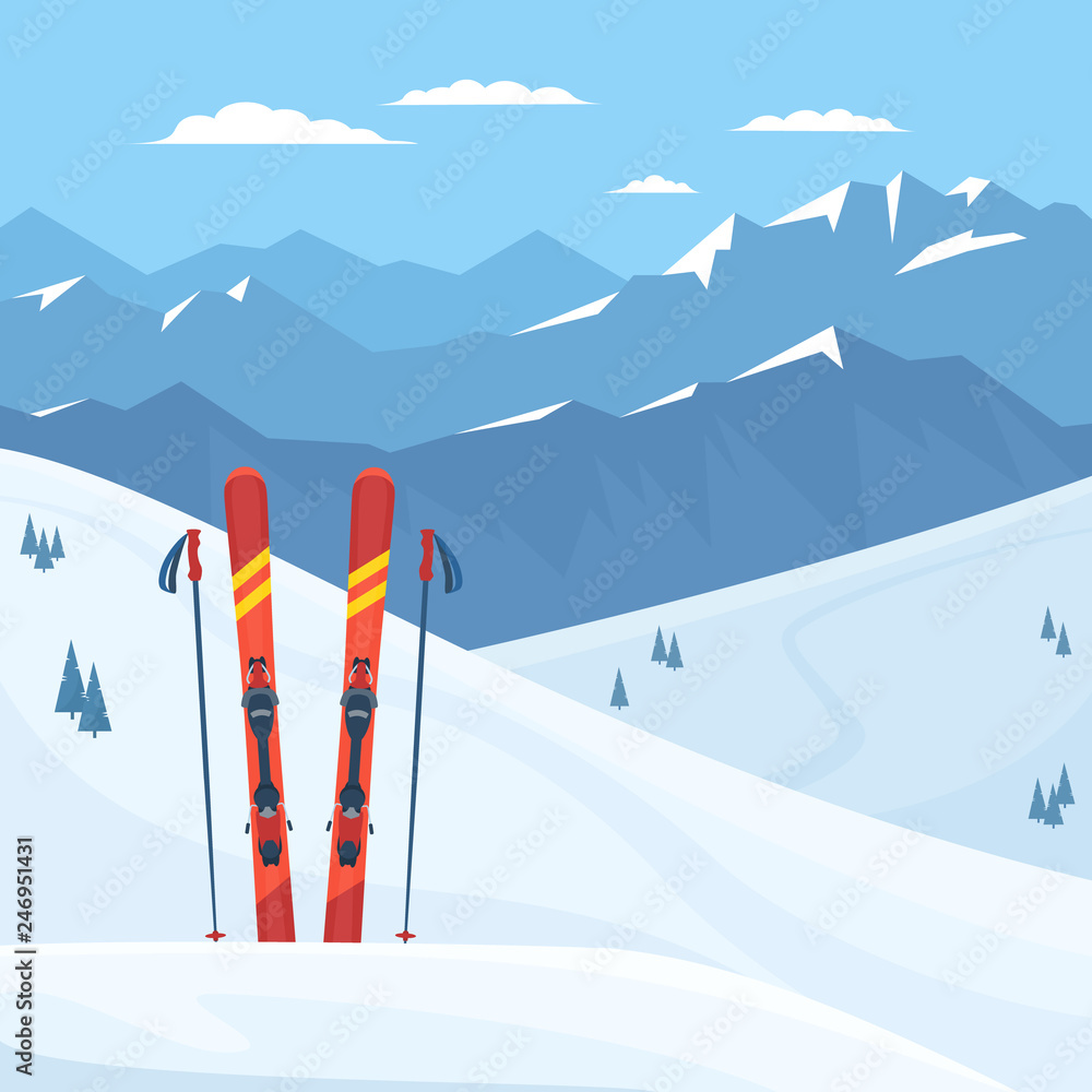 Red ski equipment at the ski resort. Snowy mountains and slopes, winter landscape. Vector flat illustration.  - obrazy, fototapety, plakaty 