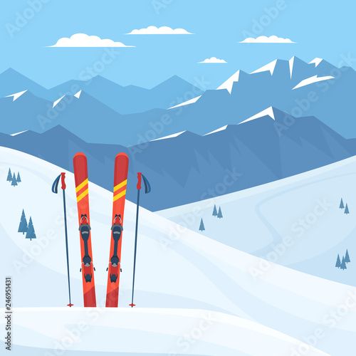 Red ski equipment at the ski resort. Snowy mountains and slopes, winter landscape. Vector flat illustration.  photo