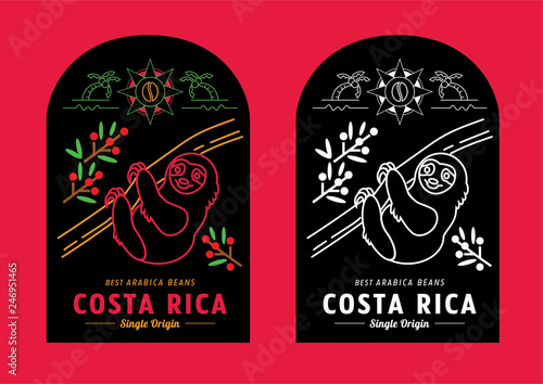 Costa Rica coffee beans label design with sloth