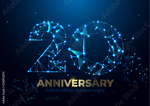 Anniversary 20. Geometric polygonal Anniversary greeting banner. gold 3d numbers. Poster template for Celebrating 20th anniversary event party. Vector fireworks background. Low polygon