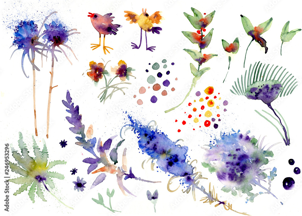 Flowers, watercolor, set. Flowers, watercolor, set.