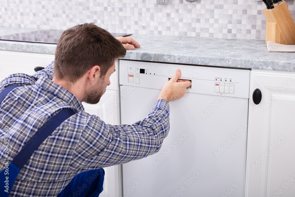 Obraz premium Man Pressing Button Of Dishwasher