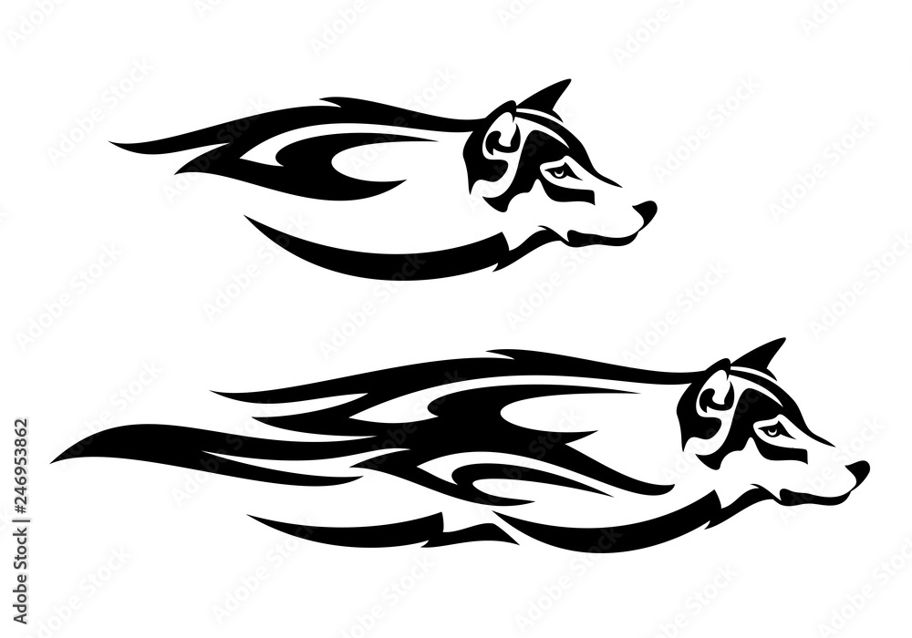 Fototapeta premium running wolf head profile design - black and white tribal style spirit animal vector