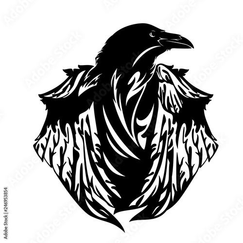 mysterious raven bird with closed wings - black and white vector design