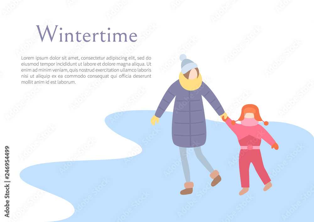 Wintertime season, mother and child walking outdoors vector. People holding hands of each other, mom and daughter wearing warm clothes, jacket scarf