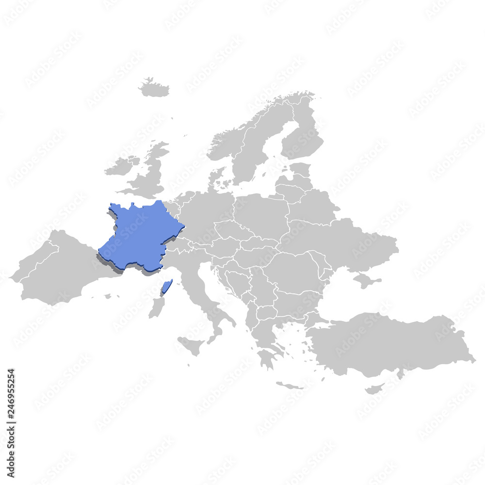 Vector illustration of France in blue on the grey model of Europe map.