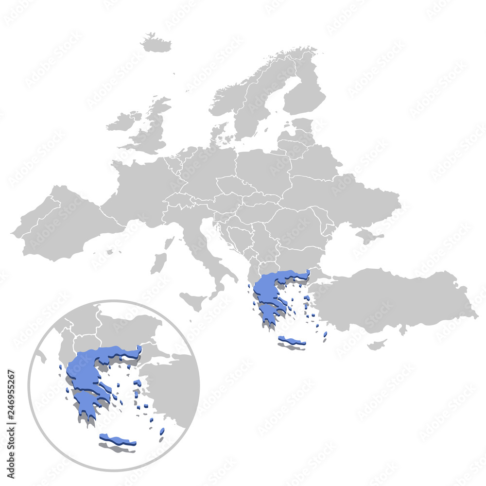 Vector illustration of Greece in blue on the grey model of Europe map with zooming replica of country.