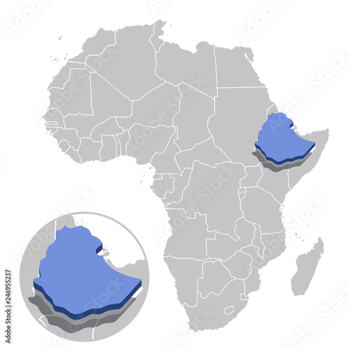Vector illustration of Ethiopia in blue on the grey model of Africa map with zooming replica of country