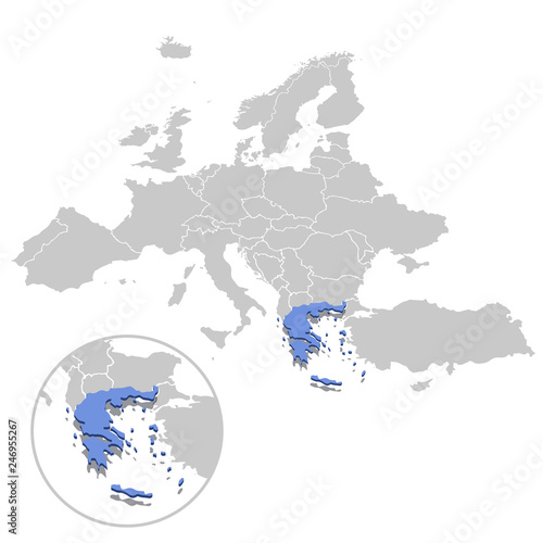 Vector illustration of Greece in blue on the grey model of Europe map with zooming replica of country.