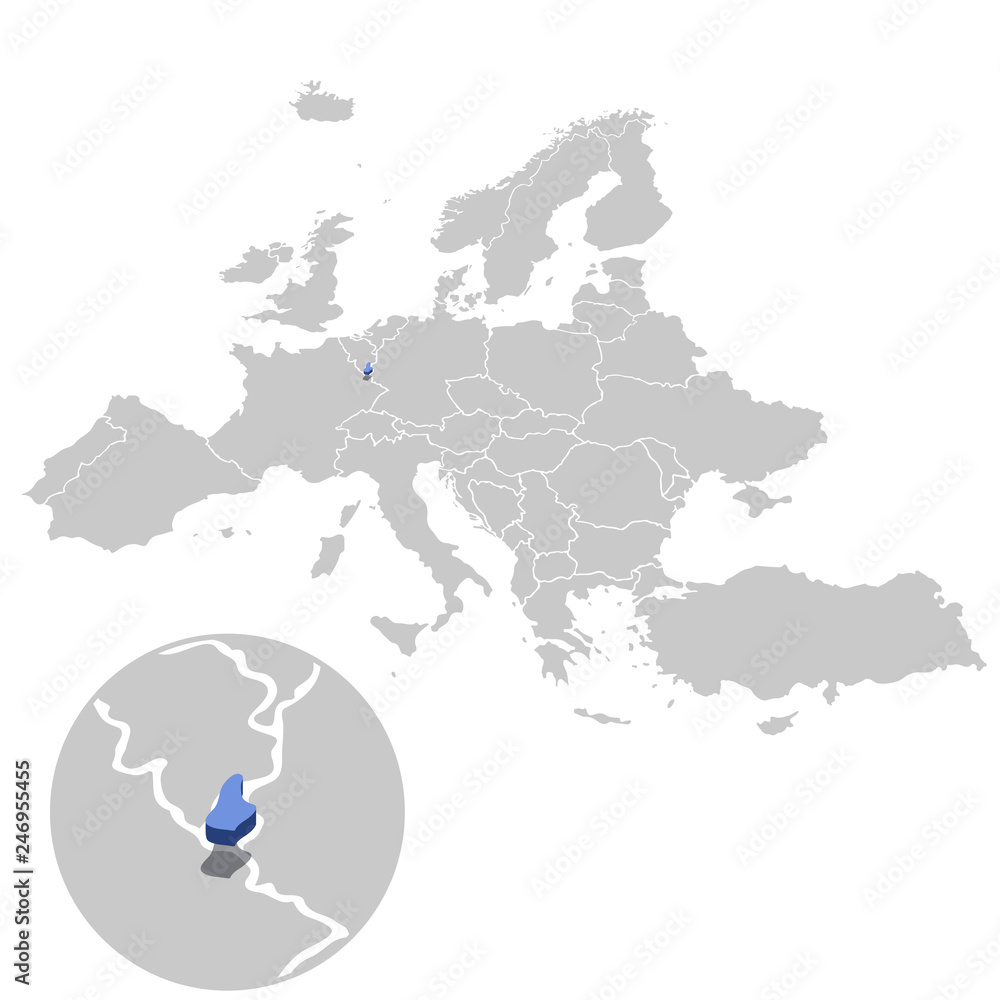 Obraz premium Vector illustration of Liechtenstein in blue on the grey model of Europe map with zooming replica of country.