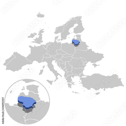 Vector illustration of Lithuania in blue on the grey model of Europe map with zooming replica of country.