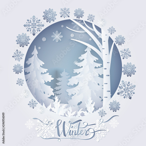 Winter paper card with forest and flakes of snow in round frame vector. Decorated postcard with snowflakes and fir-trees on snowy outdoor in white color, paper art and craft style