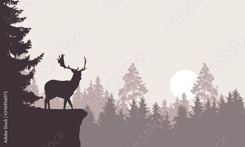 Realistic illustration of a mountain landscape with a forest with deer standing on a rock. Retro sky with rising sun or moon, vector © Forgem