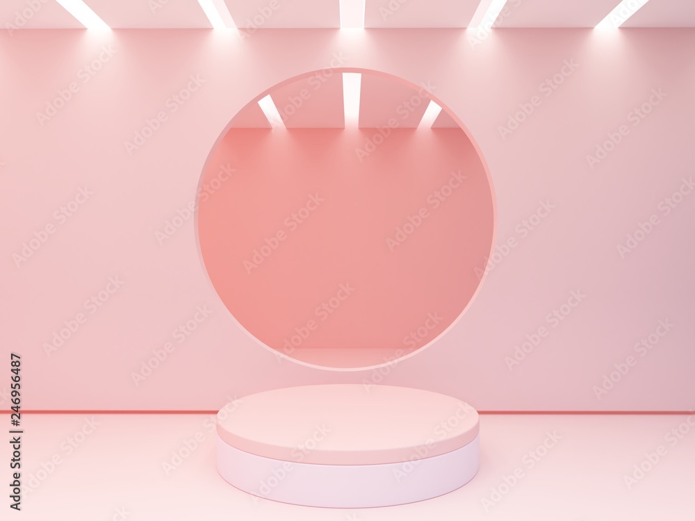 Minimal scene with cylinder podium. Abstract geometric background.   Empty room to show a product, modern minimalistic mock up, empty showcase. Pink background. False ceiling illuminated. 3d render.