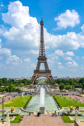 Eiffel Tower and Trocadero fountains in Paris, France