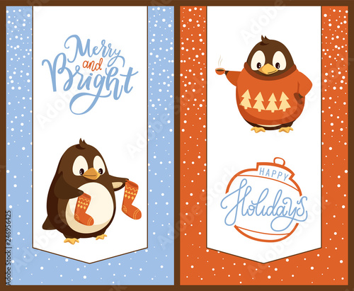 Penguin with knitted socks and sweater, Christmas and New Year holidays. Hot tea or coffee cup, Xmas tree decoration or ball, greeting cards vector