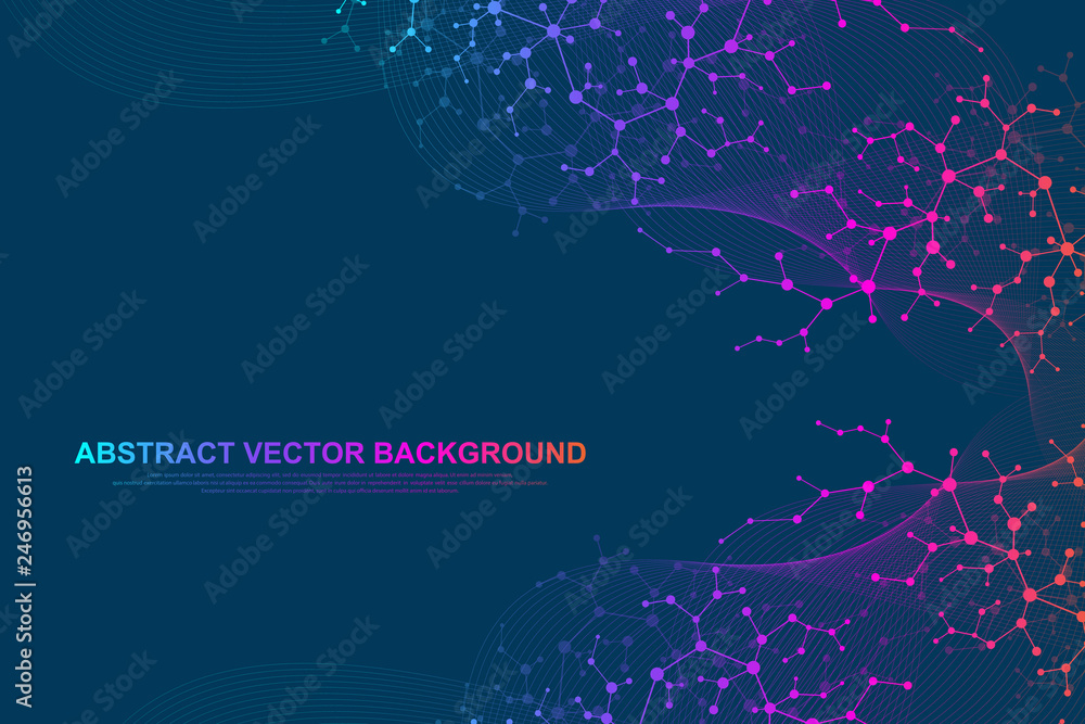 Scientific molecule background for medicine, science, technology, chemistry. Wallpaper or banner with a DNA molecules. Vector geometric dynamic illustration - obrazy, fototapety, plakaty 