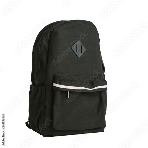 Black backpack standing isolated on white background.