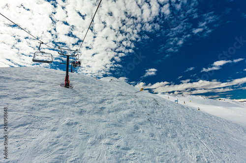 New Zealand mountain panorama and ski slopes as seen from Coronet Peak ski resort, Queenstown