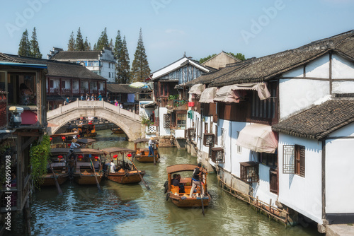 Old touristic boats in Shanghai Zhujiajiao Ancient water Town. China