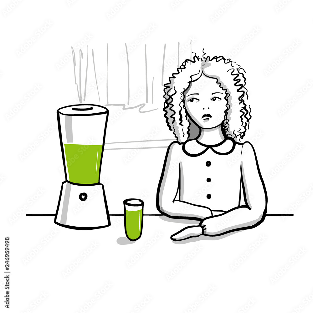 Unhappy girl is looking at the blender with a green smoothie. Vector Unhappy girl is looking at the blender with a green smoothie. Vector