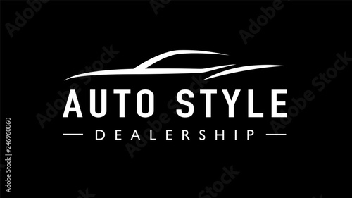 Auto style dealership super car logo design with concept sports motor vehicle icon silhouette on black background. Vector illustration.