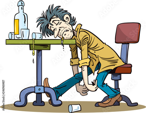 A drunk man sitting, fall asleep on the table. Alcoholic