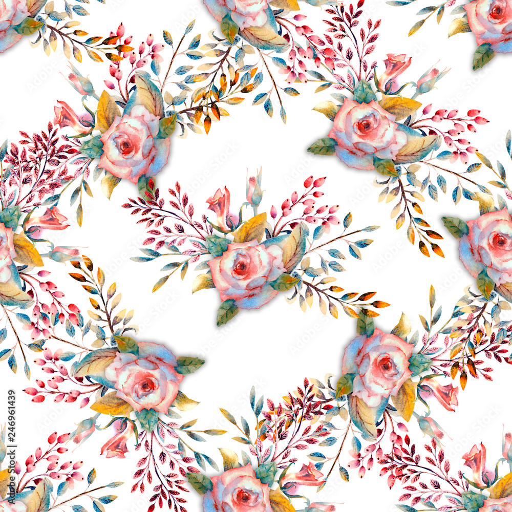 Seamless pattern. Set of flower branches. Pink rose flower, green leaves, red . Wedding concept with flowers. Floral poster, invitation. Watercolor arrangements for greeting card or invitation design.