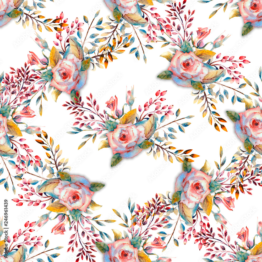 Fototapeta premium Seamless pattern. Set of flower branches. Pink rose flower, green leaves, red . Wedding concept with flowers. Floral poster, invitation. Watercolor arrangements for greeting card or invitation design.