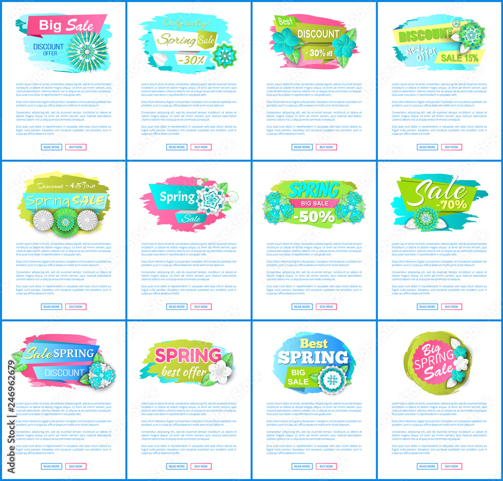 Web pages with sale advertisements templates. Vector sites mockups with spring sale labels, blooming flowers and discounts, text sample on shopping vouchers