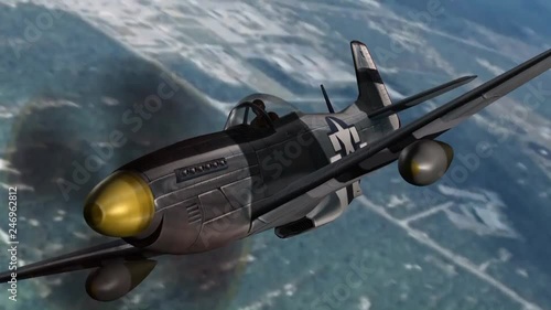 Dogfight - Air combat between two propeller military fighter aircrafts from the WW2 - 3D animation photo