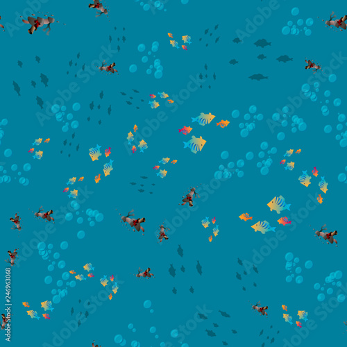 Marine animals seamless background. Vector seamless pattern with fish and corals.