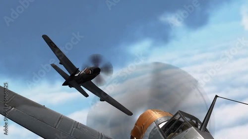 Dogfight - Air combat between two propeller military fighter aircrafts from the WW2 - 3D animation
